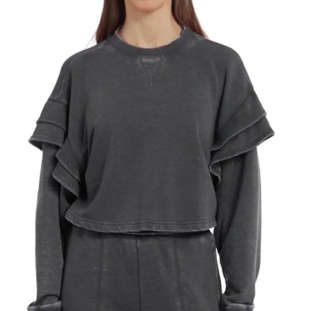 NWT 7FAMK Ruffle Sleeve Cropped Sweatshirt